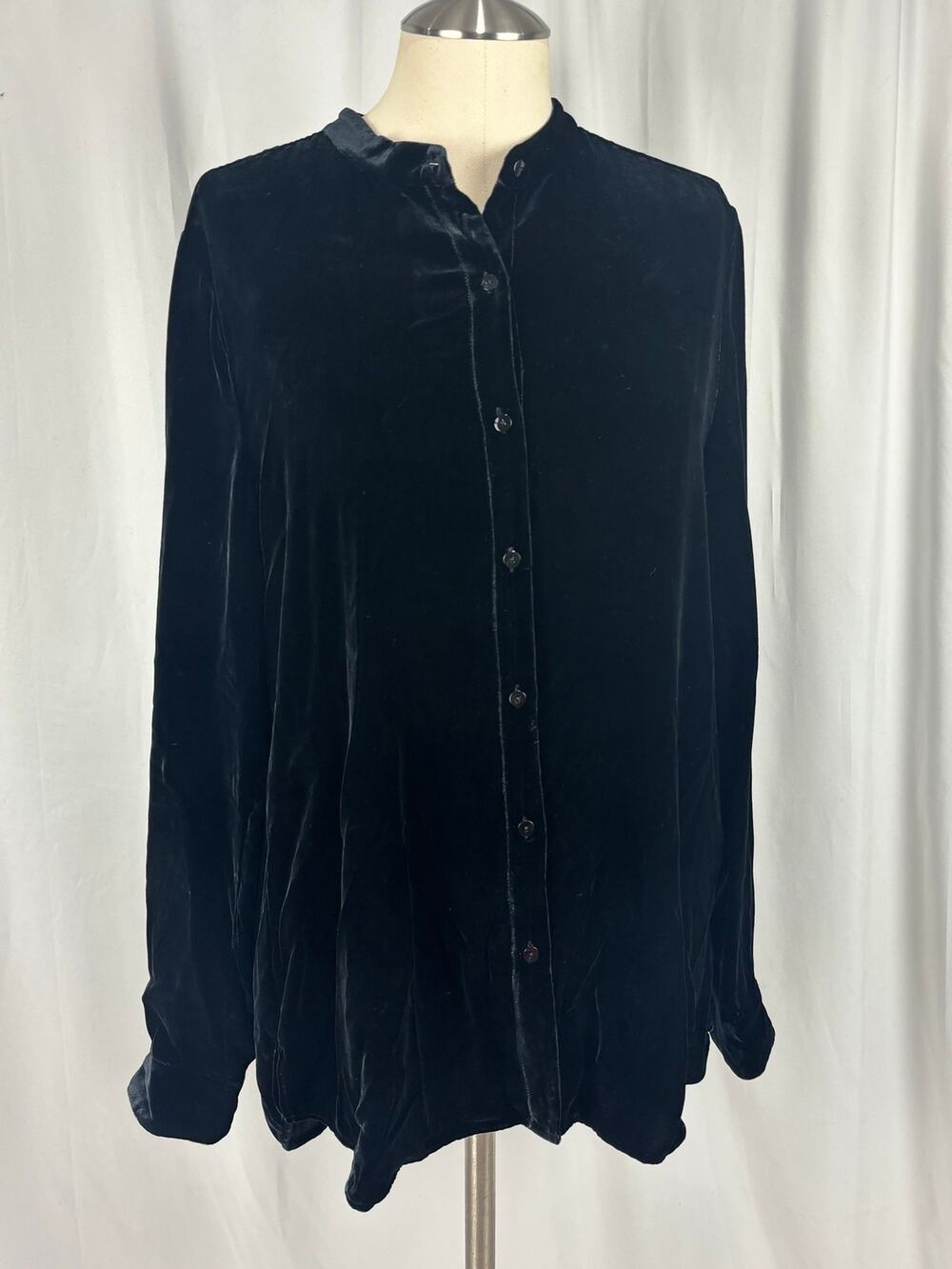 Eileen Fisher Black Silk Velvet Mandarin Collar Long Button Up Shirt Size S